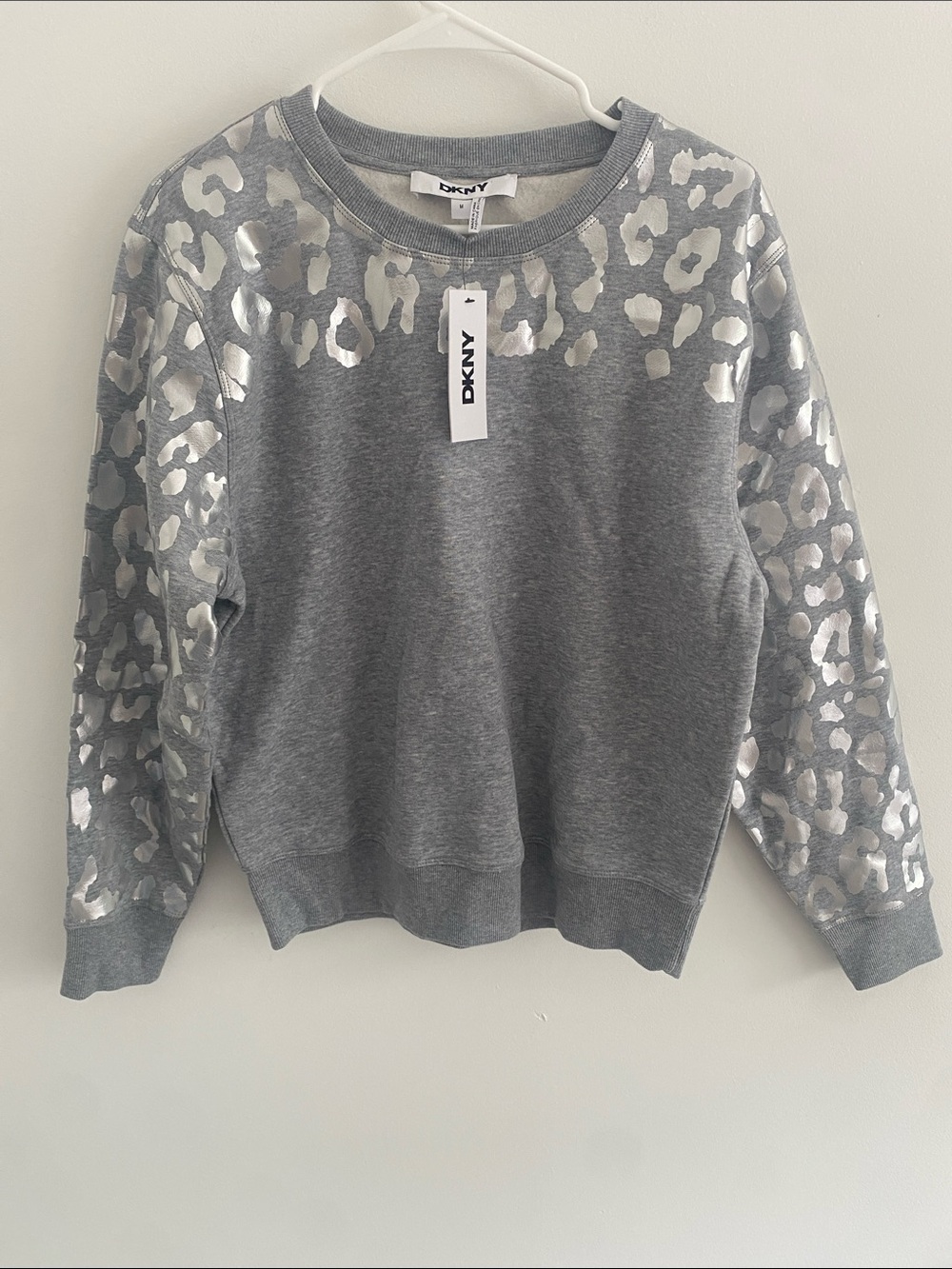 NWT DKNY SWEATSHIRT Women Grey Animal Print Fleece Silver Dots Size Medium